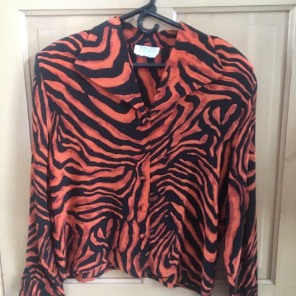 Vintage Tess Animal Print Silk Blouse Orange & Black - Size Large